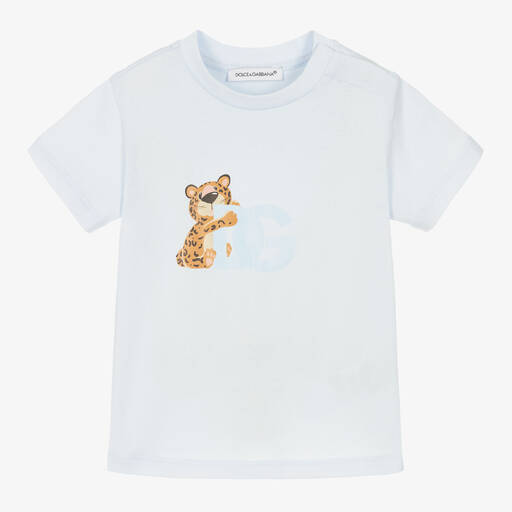 Dolce & Gabbana-Pale Blue Cotton Leopard Logo T-Shirt | Childrensalon Outlet