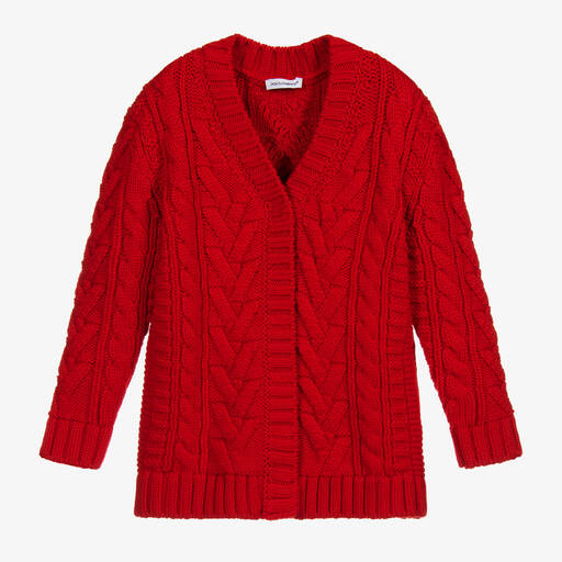 Dolce & Gabbana-Red Cable Knit Wool Cardigan | Childrensalon Outlet