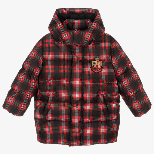 Dolce & Gabbana-Red Check Hooded Puffer Coat | Childrensalon Outlet