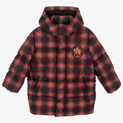 Dolce & Gabbana-Красный пуховик в клетку с капюшоном | Childrensalon Outlet