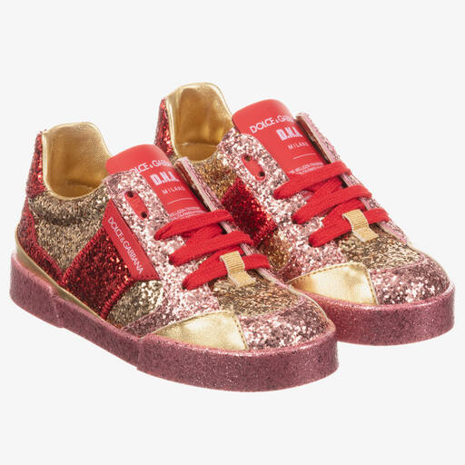 Dolce & Gabbana-Red & Gold Glitter Trainers | Childrensalon Outlet