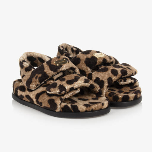 Dolce & Gabbana-Бежевые махровые сандалии с леопардовым принтом | Childrensalon Outlet