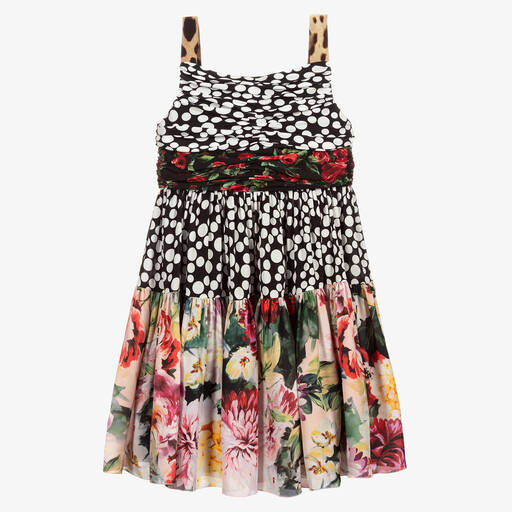 Dolce & Gabbana-فستان حريرلون أسود بطبعة ملونة | Childrensalon Outlet