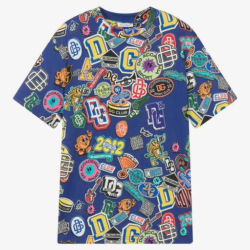 Dolce & Gabbana-Teen Boys Blue Cotton Badges T-Shirt | Childrensalon Outlet