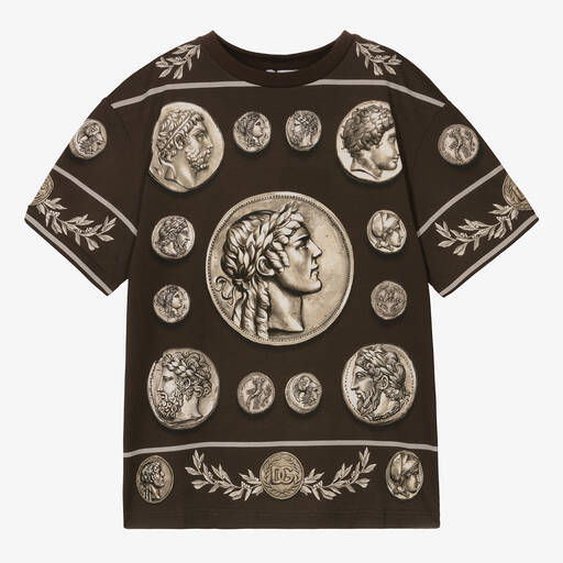 Dolce & Gabbana-Braunes Roma Münz-Baumwoll-T-Shirt | Childrensalon Outlet