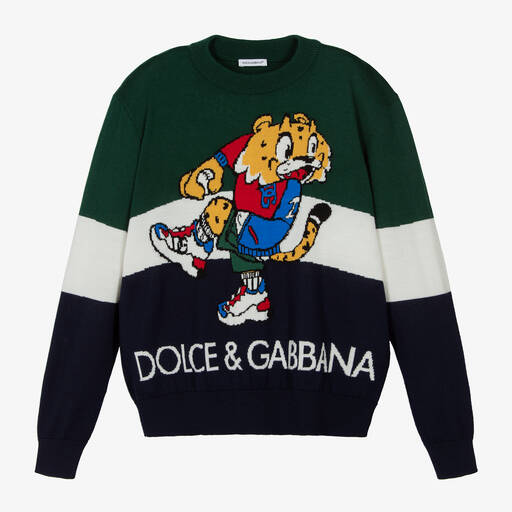 Dolce & Gabbana-Grün gestreifter Teen Pullover mit Tigermotiv für Jungen  | Childrensalon Outlet