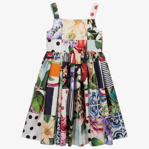 Dolce & Gabbana-فستان قطن لون أبيض بطبعة ملونة | Childrensalon Outlet