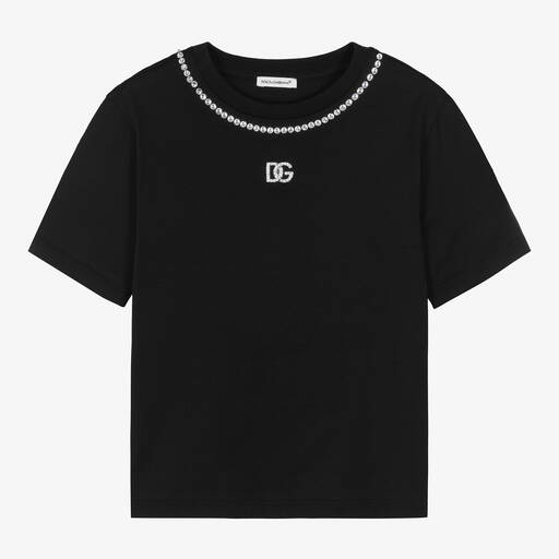 Dolce & Gabbana-Teen Girls Black Cotton DG Rhinestone T-Shirt | Childrensalon Outlet