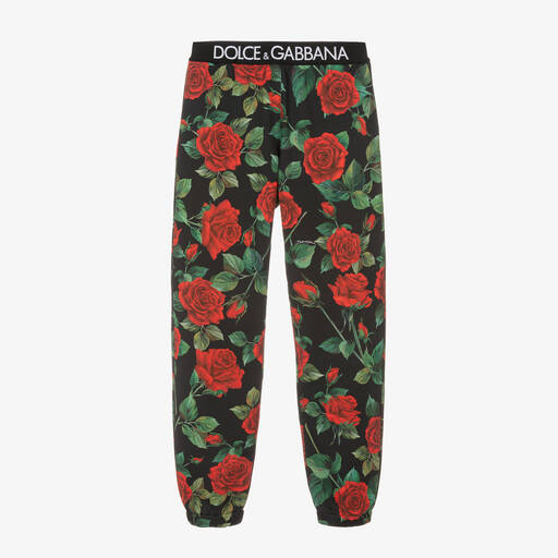 Dolce & Gabbana-Bas de jogging coton noir à roses | Childrensalon Outlet