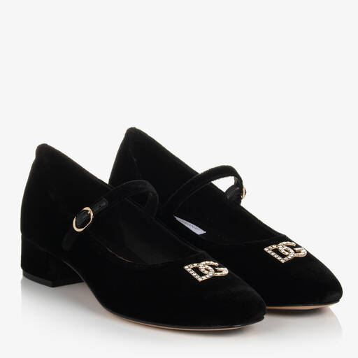 Dolce & Gabbana-Teen Girls Black Velvet DG Bar Shoes | Childrensalon Outlet