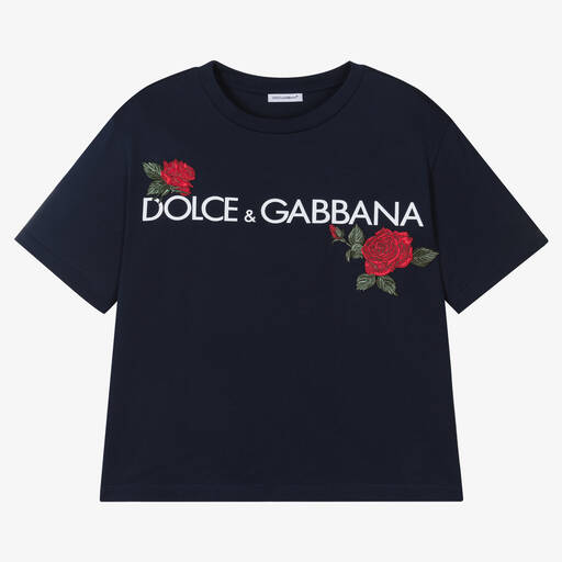 Dolce & Gabbana-Teen Girls Blue Cotton Rose T-Shirt | Childrensalon Outlet