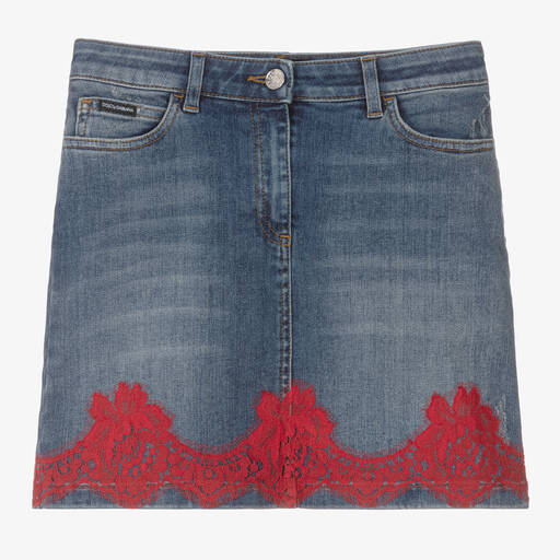 Dolce & Gabbana-Teen Girls Blue Denim & Red Lace Skirt  | Childrensalon Outlet