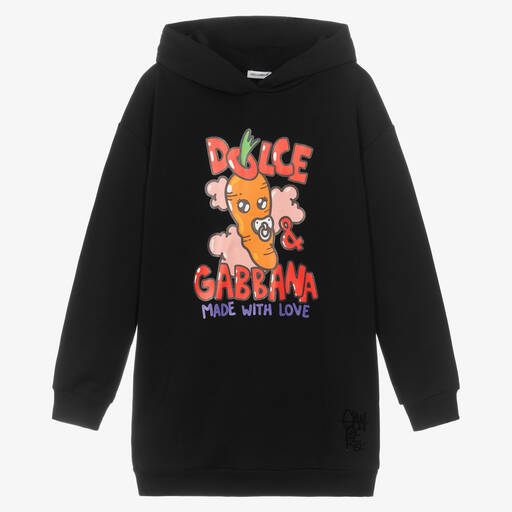 Dolce & Gabbana-فستان هودي قطن لون أسود بنقشة غينابيرو | Childrensalon Outlet