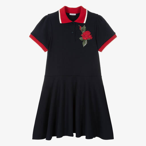 Dolce & Gabbana-Teen Girls Navy Blue Rose Polo Dress | Childrensalon Outlet