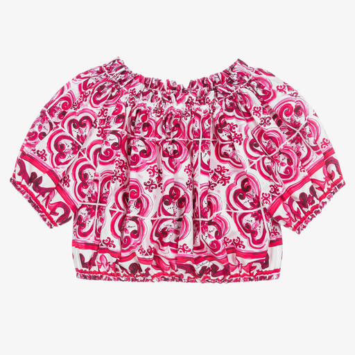 Dolce & Gabbana-بلوز قطن بوبلين لون زهري وأبيض بطبعة ماجوليكا | Childrensalon Outlet