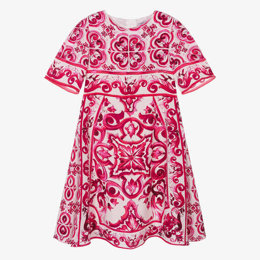 Dolce & Gabbana-فستان حرير لون زهري وأبيض بطبعة ماجوليكا | Childrensalon Outlet