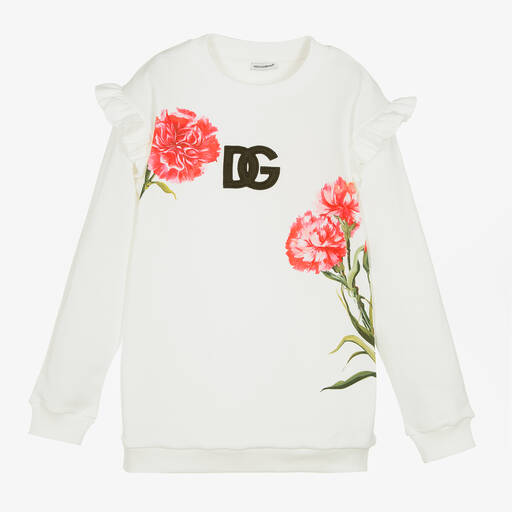Dolce & Gabbana-Teen Girls White Cotton Carnation Sweatshirt | Childrensalon Outlet