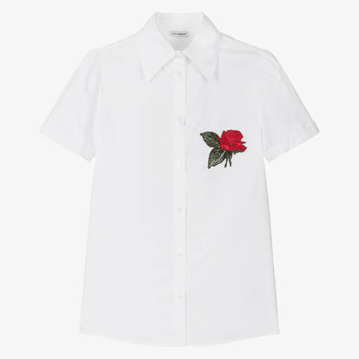 Dolce & Gabbana-Белая блузка из хлопкового поплина с розой | Childrensalon Outlet