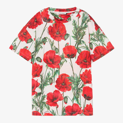 Dolce & Gabbana-Teen Girls White Cotton Poppy T-Shirt | Childrensalon Outlet