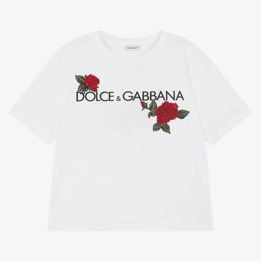 Dolce & Gabbana-Weißes Teen Rosen-Baumwoll-T-Shirt | Childrensalon Outlet