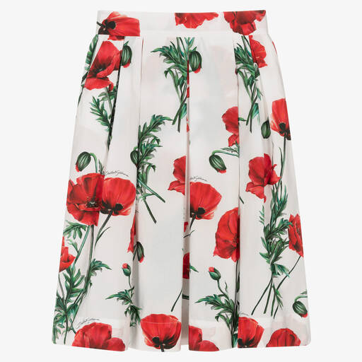 Dolce & Gabbana-Teen Girls White Poppy Midi Skirt | Childrensalon Outlet