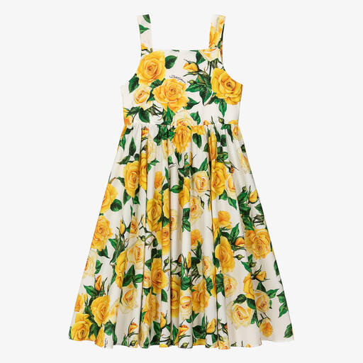 Dolce & Gabbana-Teen Girls Yellow Roses Cotton Dress | Childrensalon Outlet