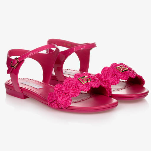 Dolce & Gabbana-Teen Pink Raffia Logo Sandals | Childrensalon Outlet