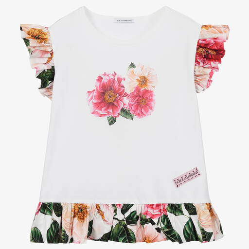 Dolce & Gabbana-Teen White Camellia T-Shirt | Childrensalon Outlet