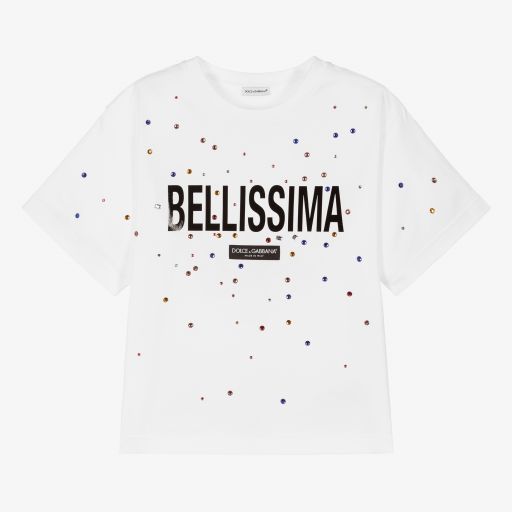 Dolce & Gabbana-Weißes Teen T-Shirt mit Kristallsteinen | Childrensalon Outlet