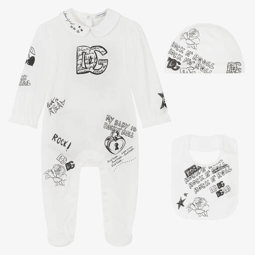 Dolce & Gabbana-طقم هدية قطن لون أبيض للمولودات - 3 قطع | Childrensalon Outlet