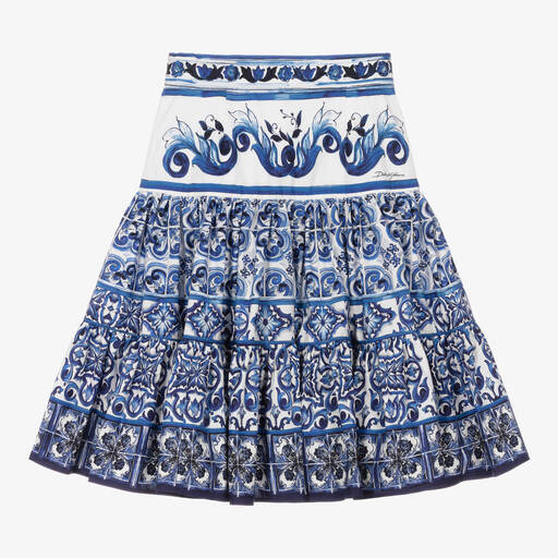 Dolce & Gabbana-تنورة قطن بوبلين لون أبيض وأزرق بطبعة ماجوليكا | Childrensalon Outlet