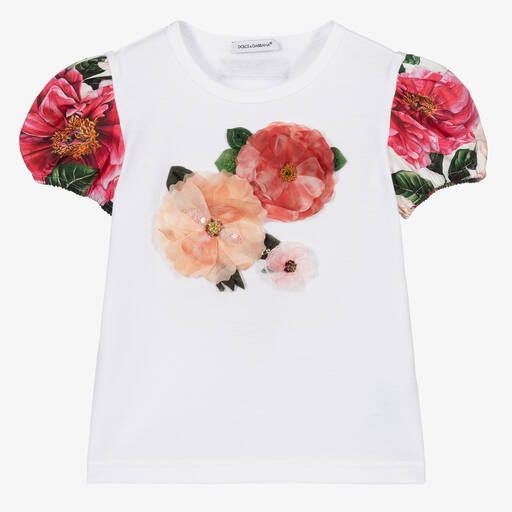 Dolce & Gabbana-تيشيرت قطن لون أبيض بطبعة ورود للبنات | Childrensalon Outlet