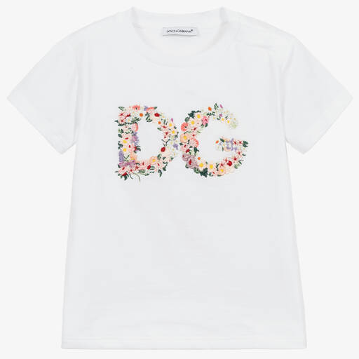Dolce & Gabbana-White Floral Logo T-Shirt | Childrensalon Outlet