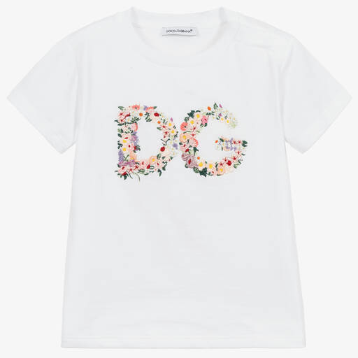 Dolce & Gabbana-Белая футболка с цветочным логотипом | Childrensalon Outlet