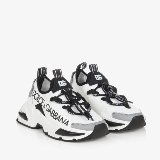 Dolce & Gabbana-حذاء رياضي بأربطة جلد لون أبيض وأسود | Childrensalon Outlet