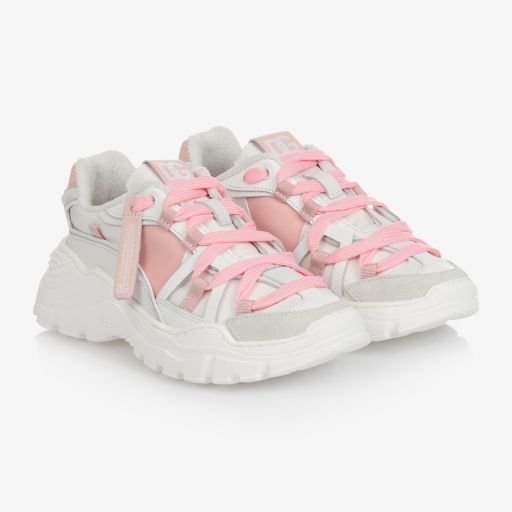 Dolce & Gabbana-White & Pink Logo Trainers | Childrensalon Outlet