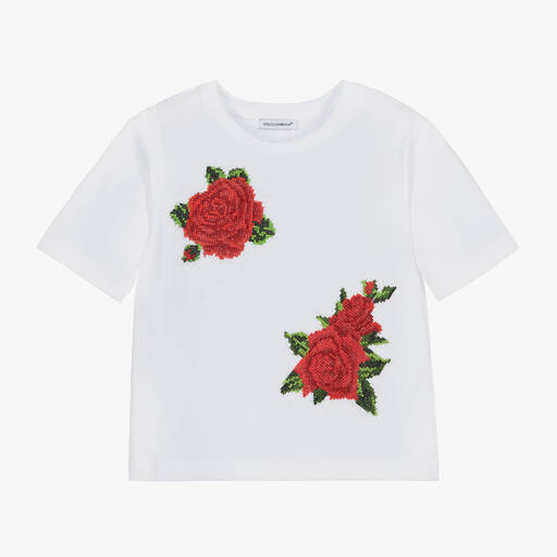 Dolce & Gabbana-تيشيرت قطن مطرز لون أبيض وأحمر للبنات | Childrensalon Outlet