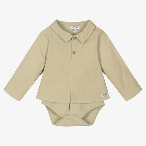 Donsje-Baby Boys Green Cotton Shirt with Bodysuit | Childrensalon Outlet