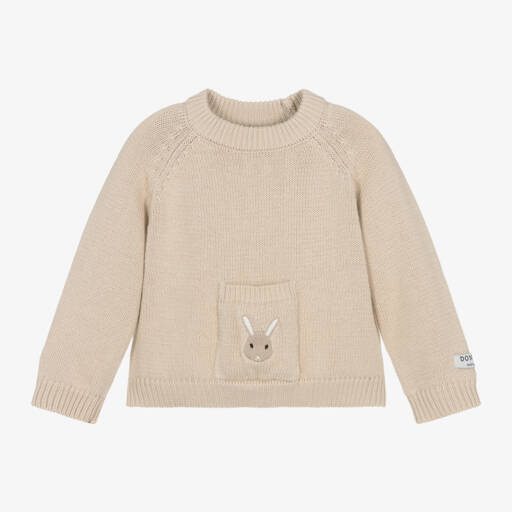 Donsje-Beige Knitted Cotton Bunny Sweater | Childrensalon Outlet