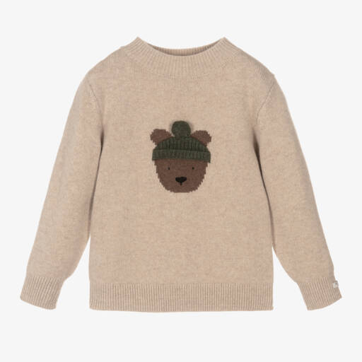 Donsje-Boys Beige Wool Bear Jumper | Childrensalon Outlet