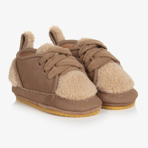 Donsje-Коричневые кожаные пинетки с овчиной | Childrensalon Outlet