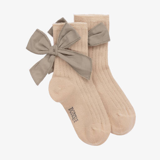 Donsje-Girls Beige & Brown Bow Socks | Childrensalon Outlet