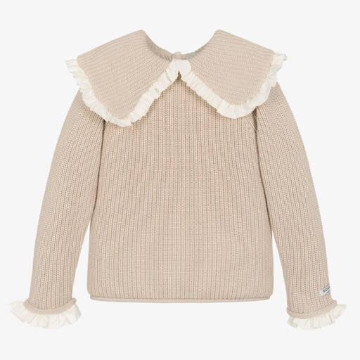 Donsje-Girls Beige Knitted Cotton Sweater | Childrensalon Outlet