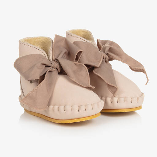 Donsje-Girls Beige Leather Bow Boots | Childrensalon Outlet