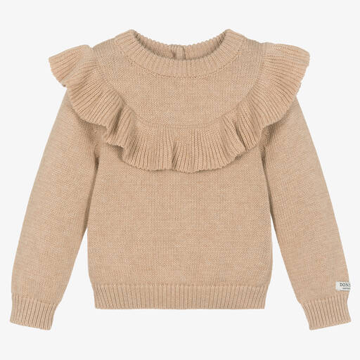Donsje-Girls Beige Ruffle Cotton Sweater | Childrensalon Outlet