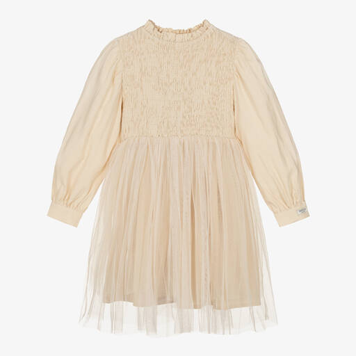 Donsje-Girls Beige Shirred Linen & Silk Dress | Childrensalon Outlet