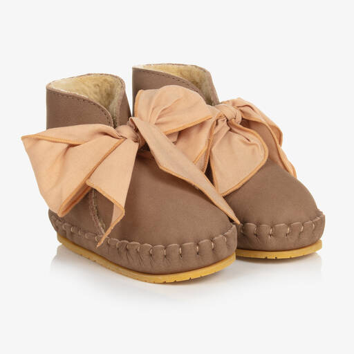 Donsje-Girls Brown Leather Bow Boots | Childrensalon Outlet
