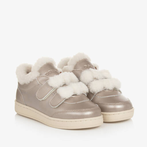 Donsje-Girls Gold Leather Fur Trainers | Childrensalon Outlet