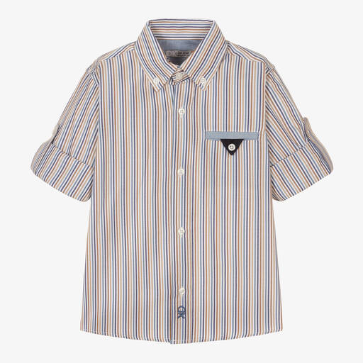 Dr. Kid-Boys Beige & Blue Stripe Cotton Shirt  | Childrensalon Outlet