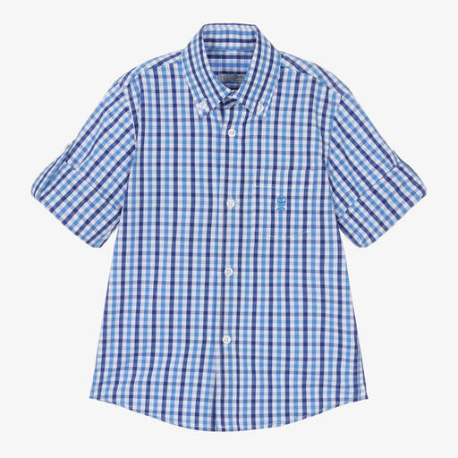 Dr. Kid-Boys Blue & White Cotton Check Shirt | Childrensalon Outlet